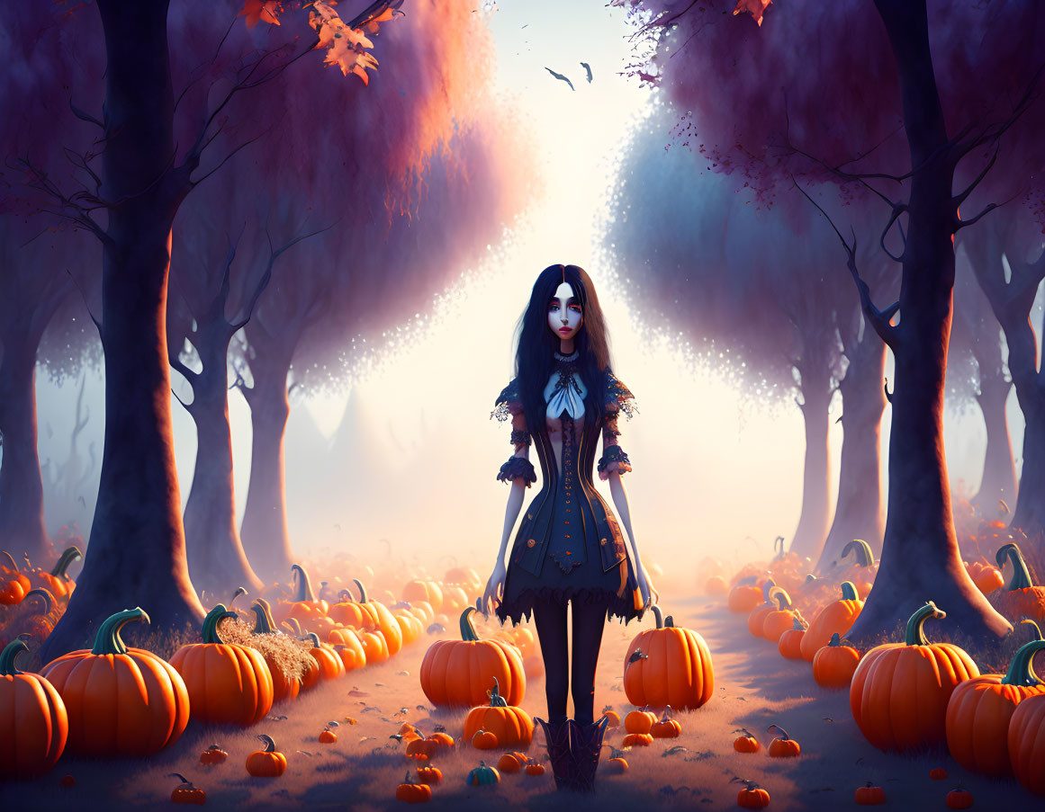 Gothic-styled girl in eerie forest with pumpkins and mystical autumn vibe