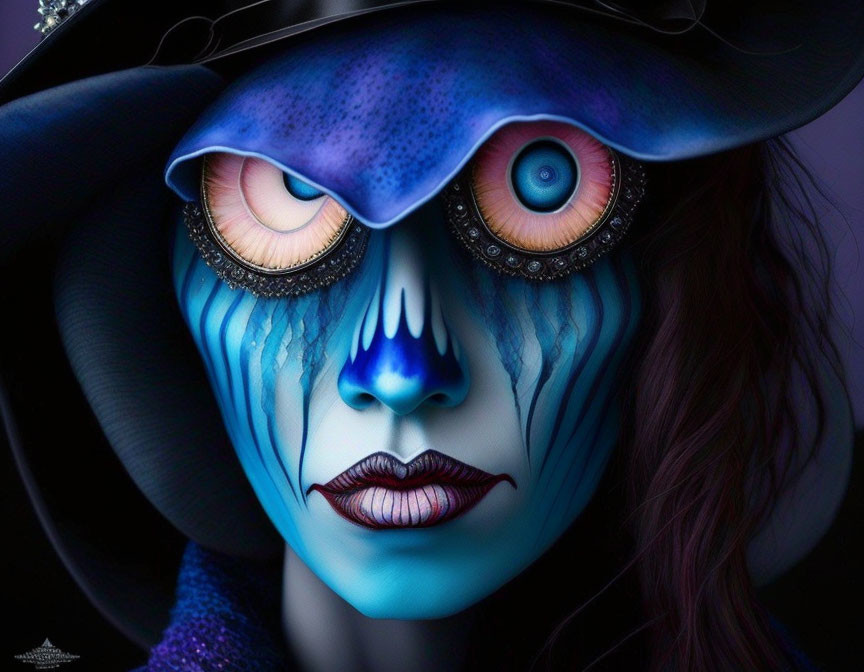 Intricate Blue and Black Face Paint with Orange Eyes and Wide-Brimmed Hat