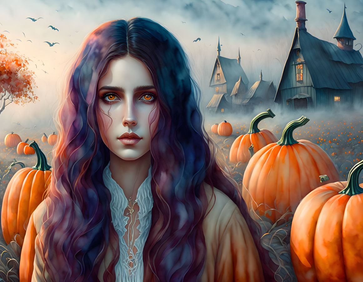 Vibrant purple-haired woman in spooky pumpkin patch scene