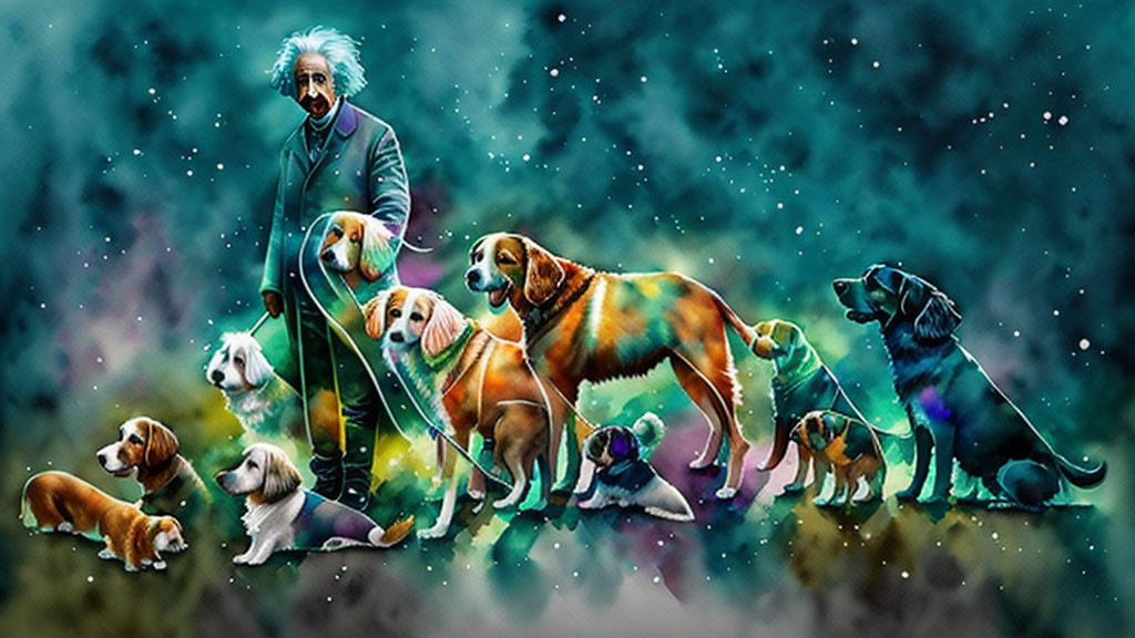 Vibrant Artwork: Albert Einstein with Seven Dogs in Cosmic Setting