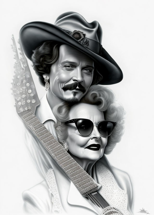 Vintage style monochrome illustration of man with mustache and woman with sunglasses, man holding guitar