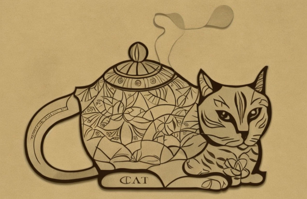 Cat and teapot fusion illustration with floral patterns and whimsical steam.