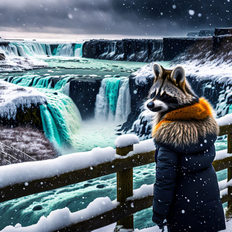 Raccoon head on human body in winter coat by snowy waterfall