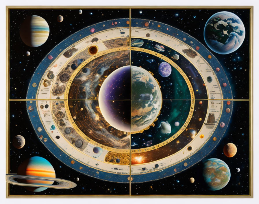 Detailed illustration of planets, moons, and stars in concentric circles.