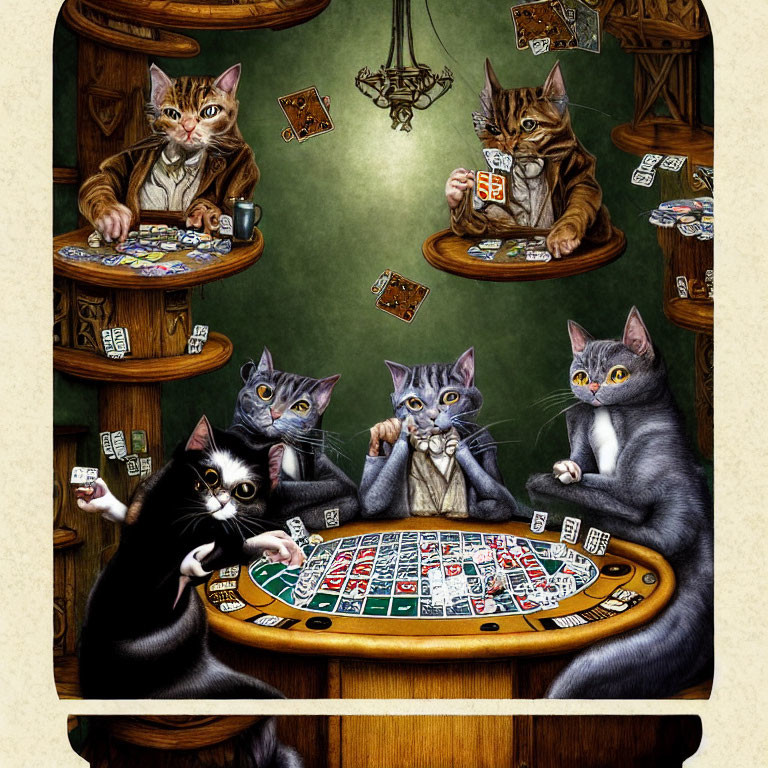 Cats playing poker illustration with cards in paws