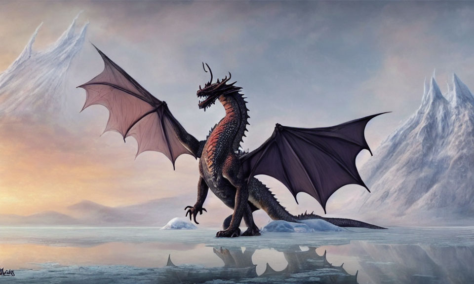 Majestic dragon with spread wings in mountain landscape