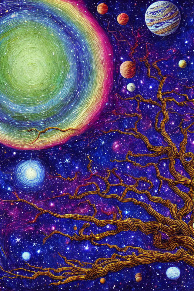 Colorful Outer Space Scene with Galaxies, Planets, and Tree-Like Branches