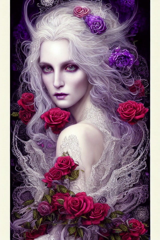 Pale woman with white hair, purple and red roses, lace attire, against dark backdrop