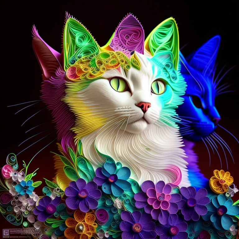 Colorful digital artwork of two stylized cats with floral designs
