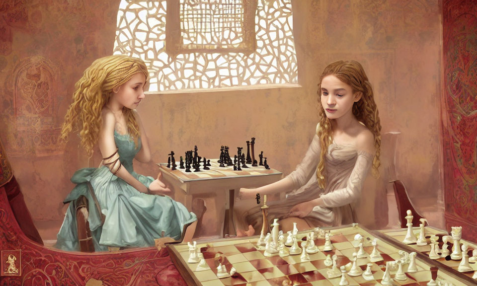 Two girls in elegant dresses playing chess in ornate patterned room with lattice window