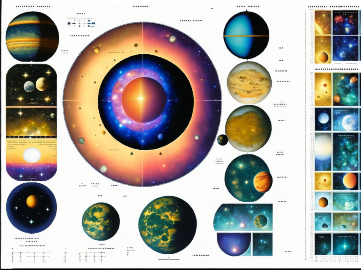 Detailed Solar System Graphic with Planets, Orbits, Moons, and Data Charts