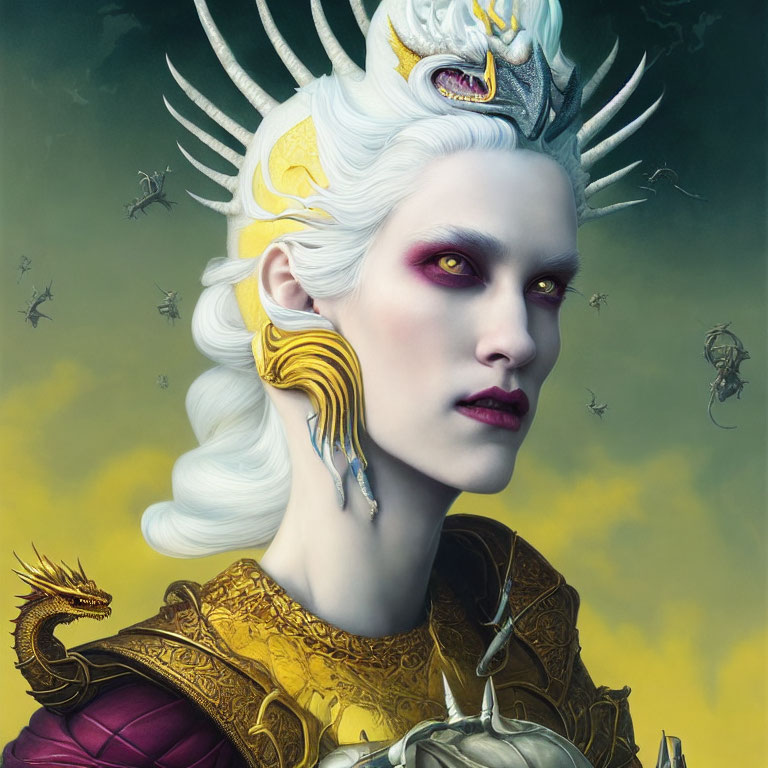 Fantastical portrait of person with pale skin and purple eyes in dragon-themed headgear, accompanied by