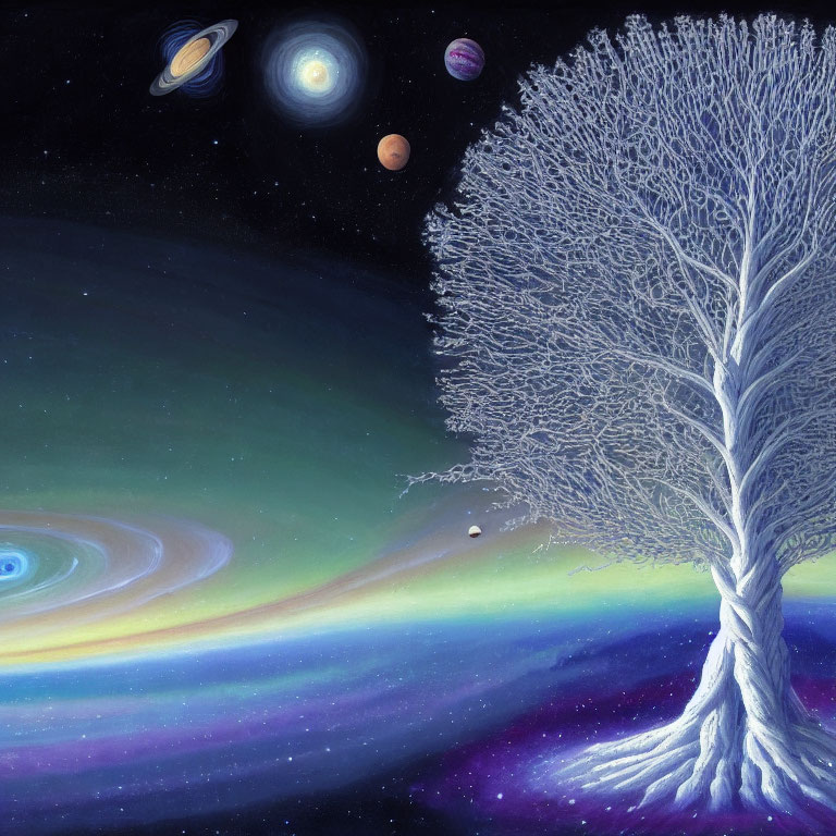 Surreal painting: White tree branches into starry galaxy with Saturn and Mars.