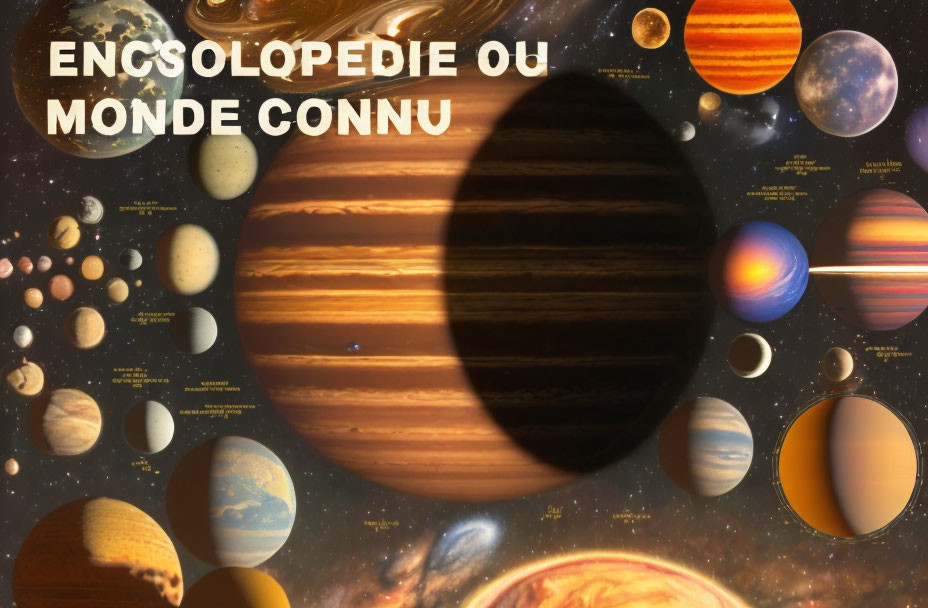 Educational poster featuring planets and celestial bodies with Jupiter at the center