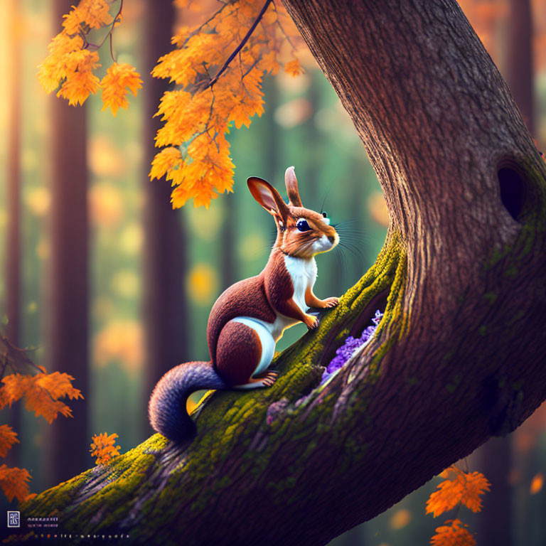 Illustration of squirrel with rabbit features on mossy branch in autumn forest