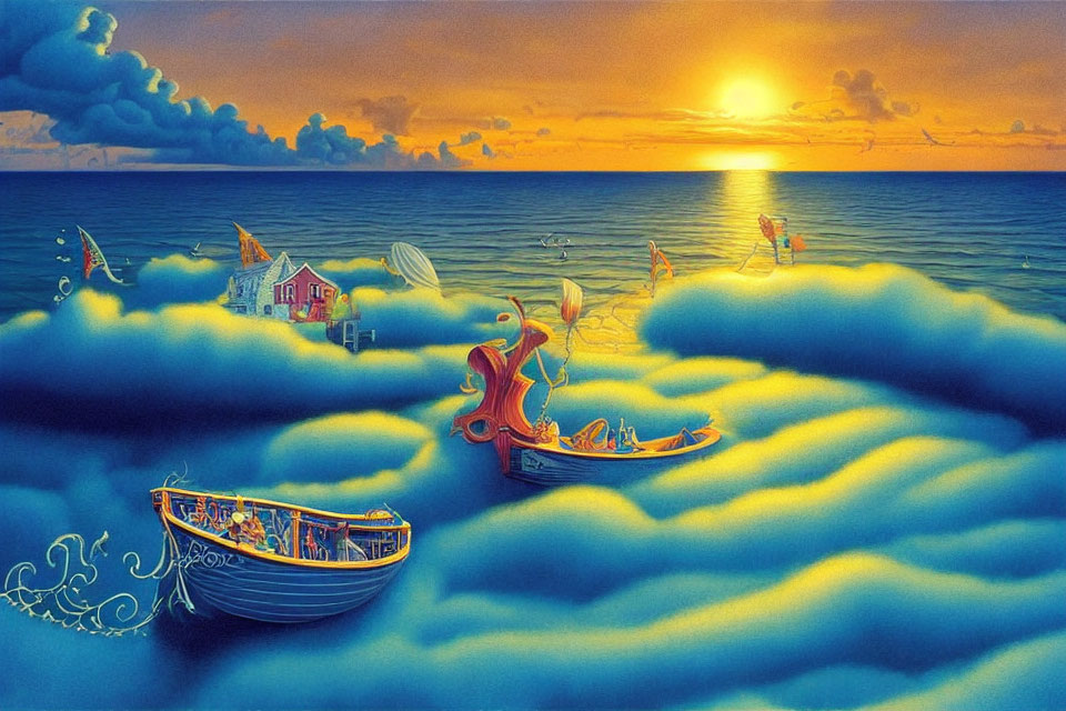 Surreal seascape with boats, fishermen, marine creatures, and coastal town under vibrant sunset