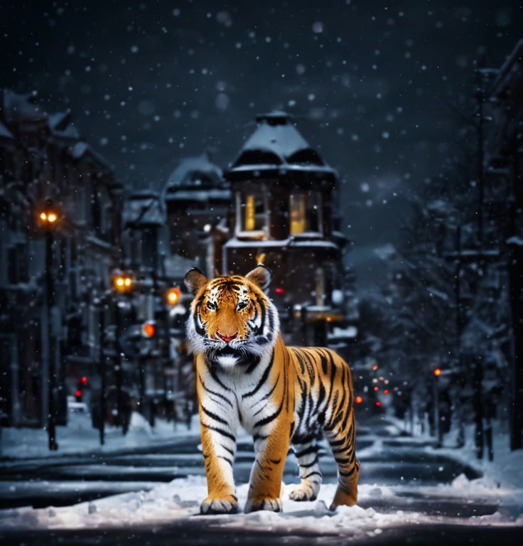 Majestic tiger in snow-covered street at night