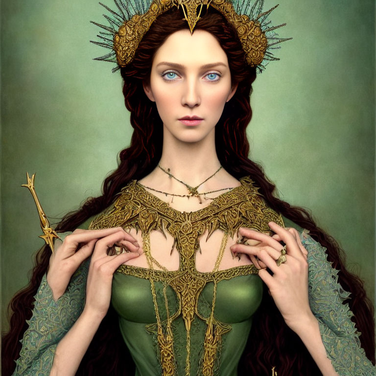 Digital artwork: Woman with blue eyes in green and gold dress with crown, holding twig on green background