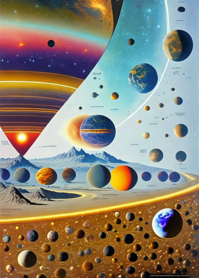 Colorful artistic representation of planets, moons, and space landscapes