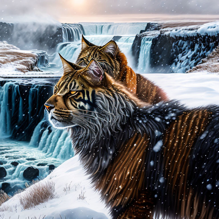 Digitally altered image of a tiger in frozen waterfall landscape