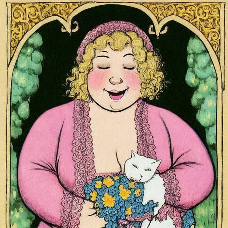 Rosy-cheeked woman in pink dress holding white cat in vintage-style illustration