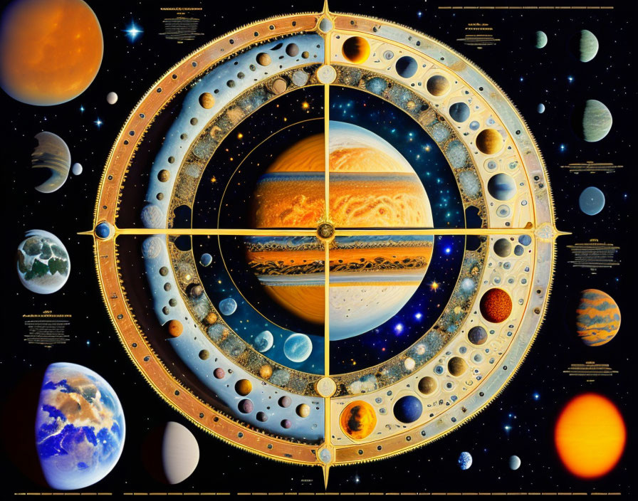 Educational solar system poster with Jupiter at center and planets, celestial bodies, and text.