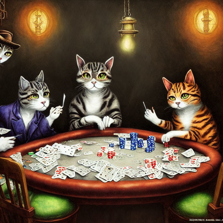 Anthropomorphic Cats Playing Poker at Round Table