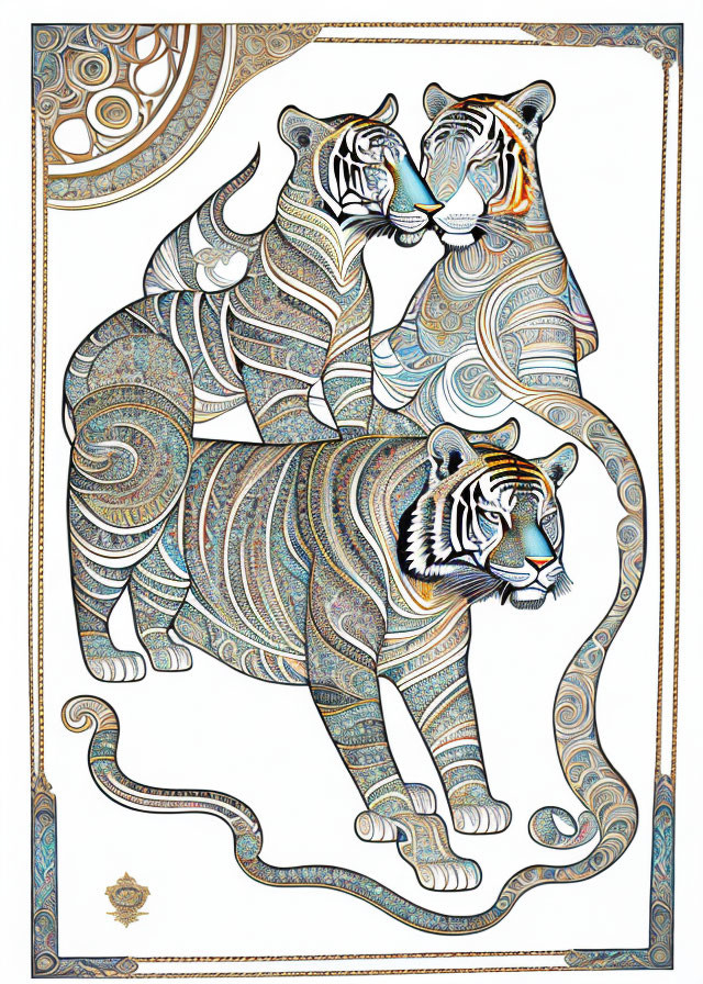 Detailed illustration of two tigers in ornate patterns on paisley background