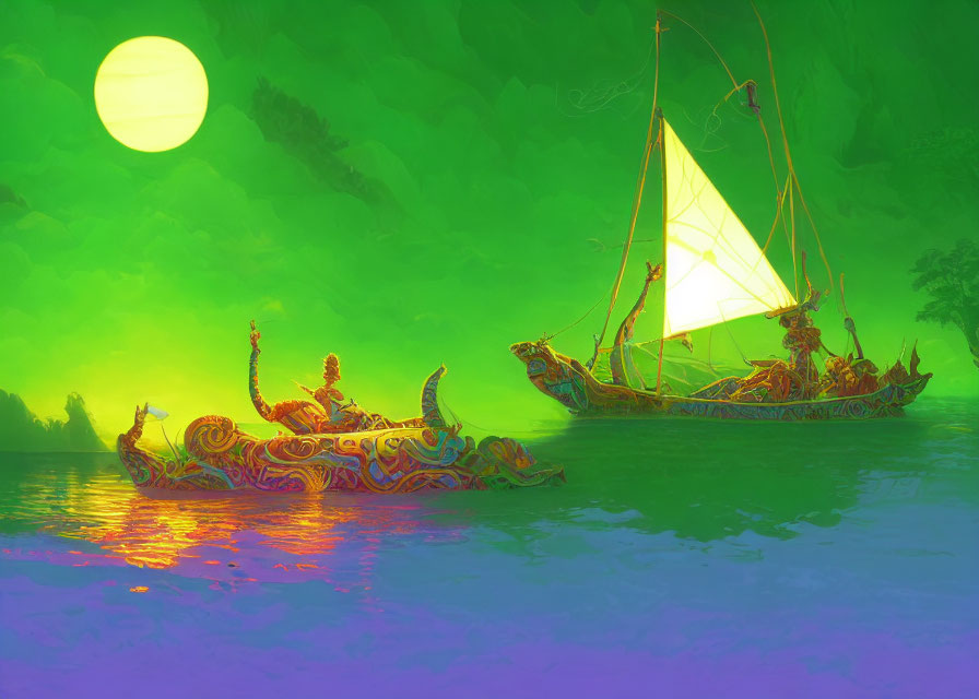 Ornate boats with figures on misty green water under yellow sun