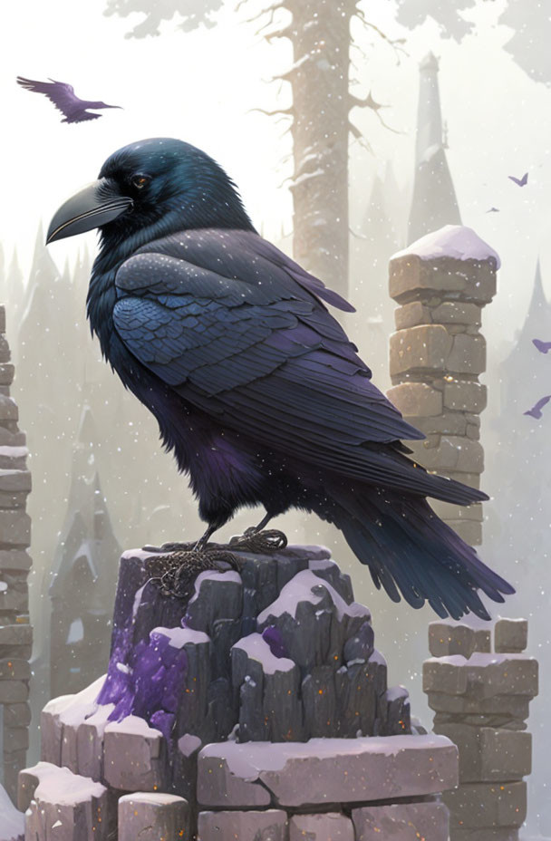 Majestic black raven on snowy stone ruins in misty winter scene