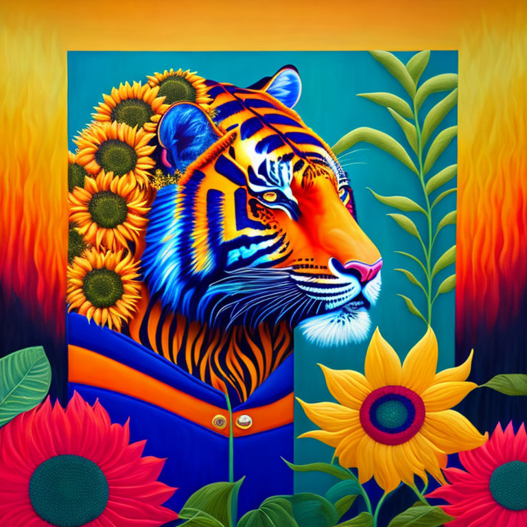 Colorful Tiger and Sunflowers Painting with Abstract Background