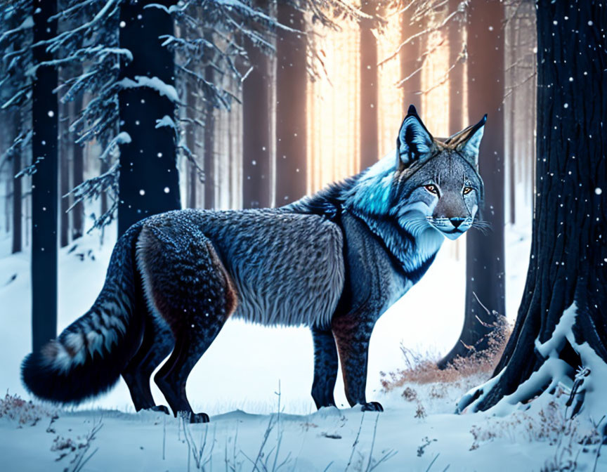 Mythical creature: wolf body, lynx face in snowy forest