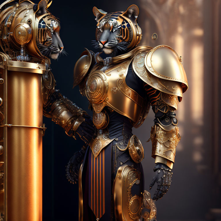 Digital Artwork: Humanoid Tiger in Golden Armor with Robot