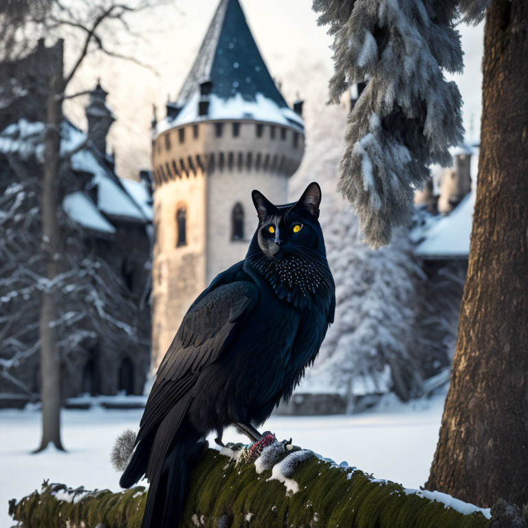 Black Cat with Yellow Eyes on Moss-Covered Branch with Snowy Castle and Pine Trees