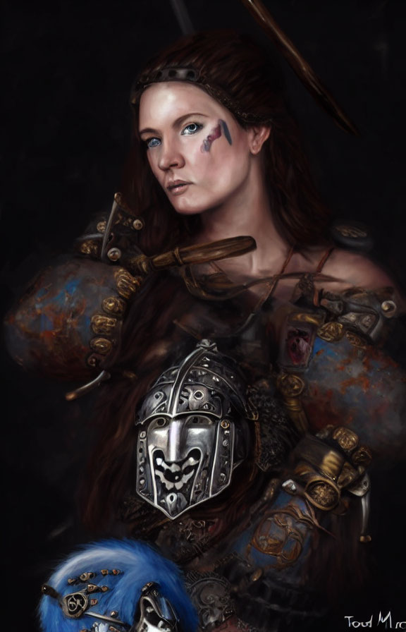 Female warrior with red hair, painted face, helmet, and armor in intense gaze