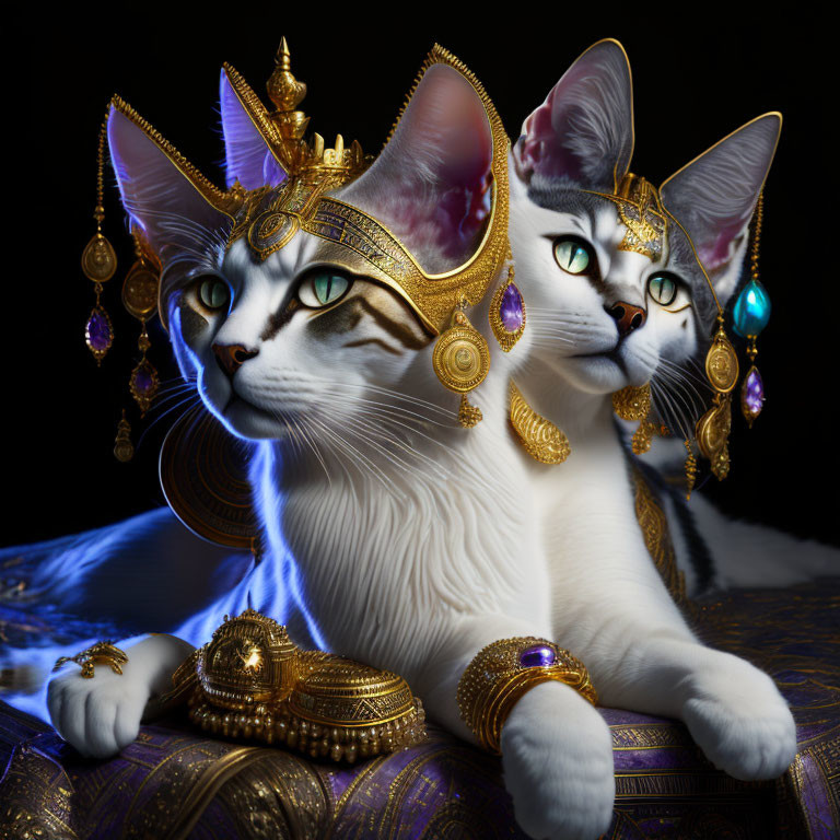 Regal Cats Wearing Golden Crowns and Jewelry on Dark Background