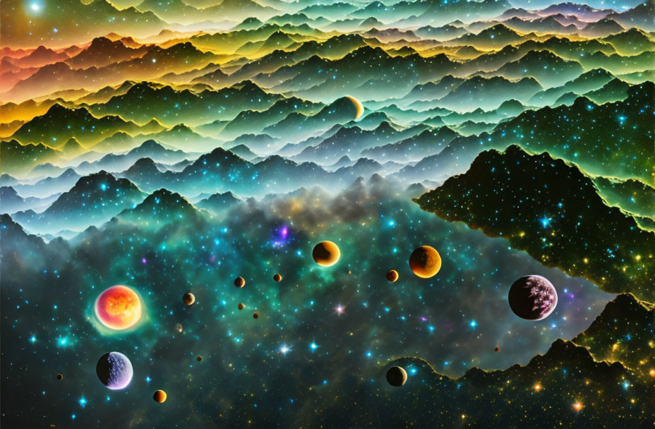 Colorful Cosmic Landscape with Terraced Mountains & Celestial Bodies