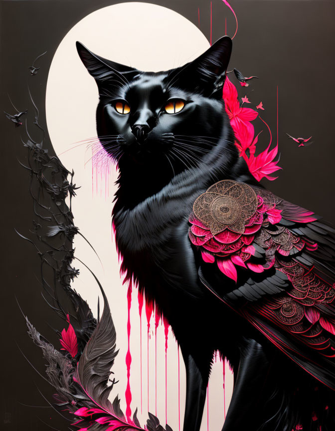 Stylized black cat with ornate patterns, orange eyes, moon, and red accents