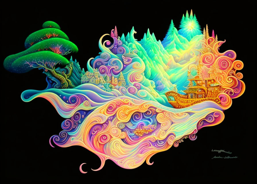 Colorful Psychedelic Illustration: Trees, Mountains, Ship on Black Background