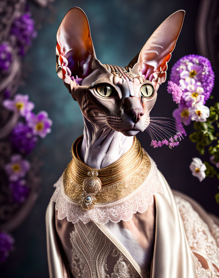 Regal Sphynx Cat in Vintage Attire Against Floral Background