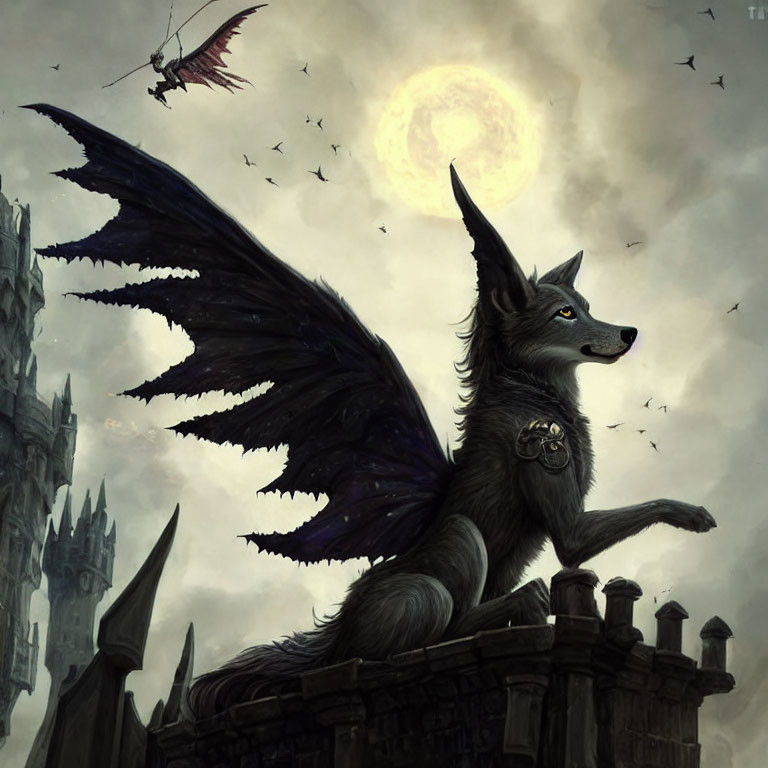 Majestic winged wolf on stone structure with castle, moon, birds, and dragon in glo