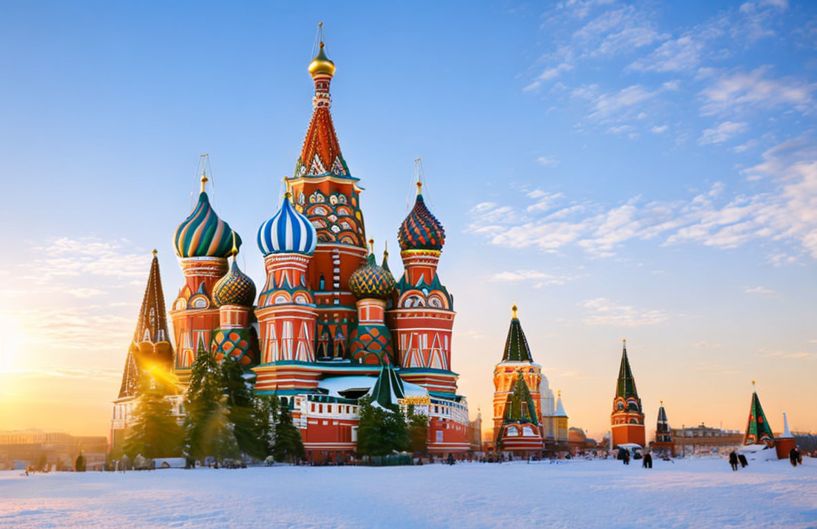 Iconic Moscow Cathedral: Colorful Onion Domes at Sunset