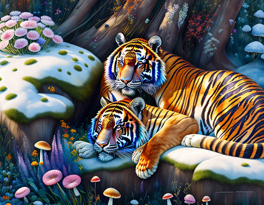 Vibrant forest scene with two resting tigers among colorful flora.