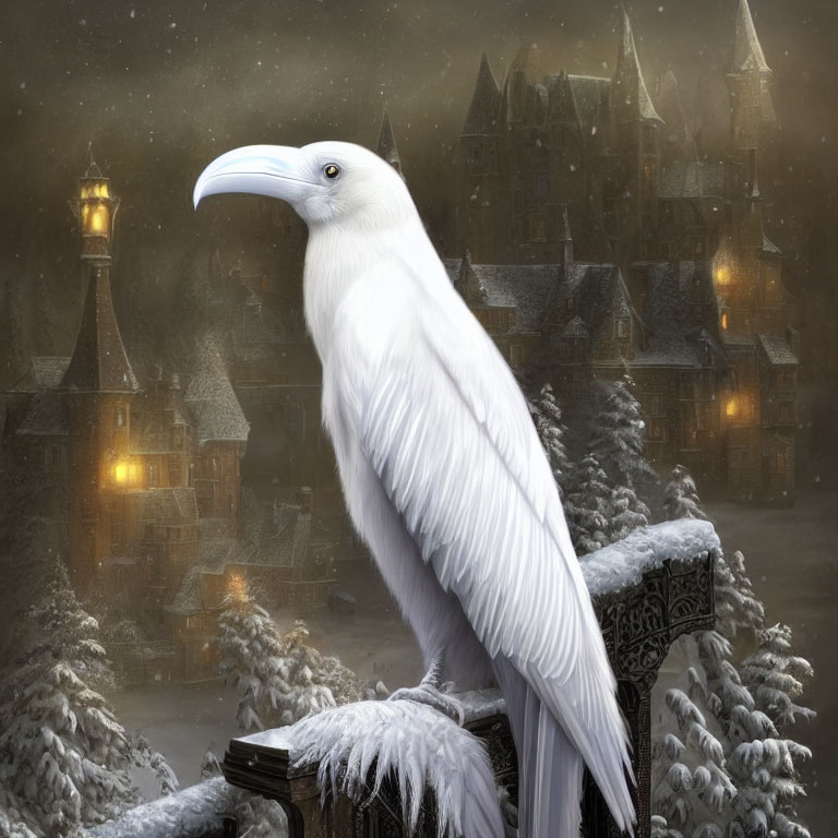 White raven on frosty railing with snowy castle at twilight