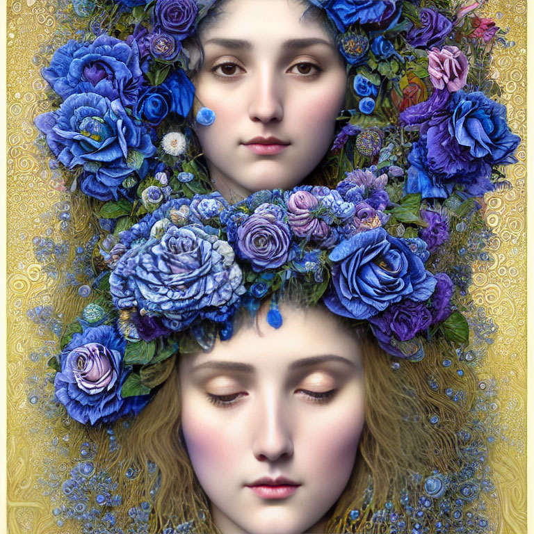 Serene women in blue floral headpieces on golden background