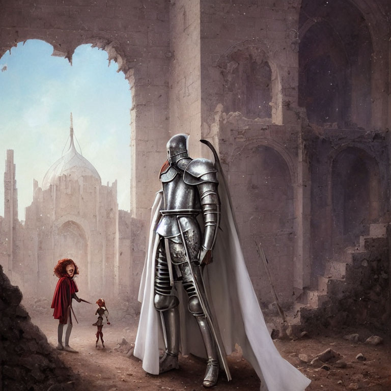 Knight in shining armor confronts red-haired girl with teddy bear and robot