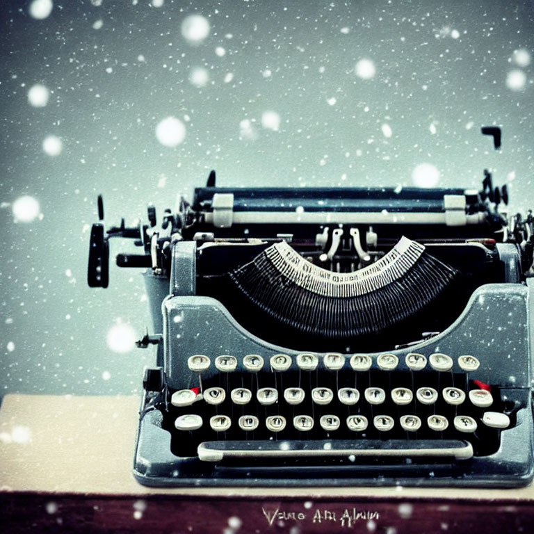 Vintage Typewriter on Table with Falling Snowflakes and Bokeh Effect