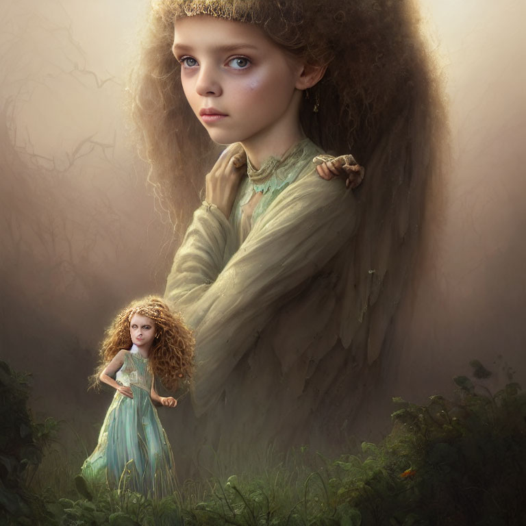 Young girl with curly hair in vintage dress in misty forest with mystical ambiance.