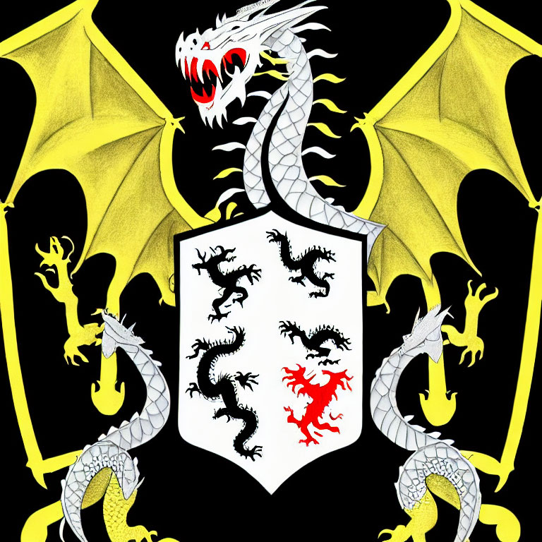 Stylized emblem with white shield and dragons in black, red, and yellow.