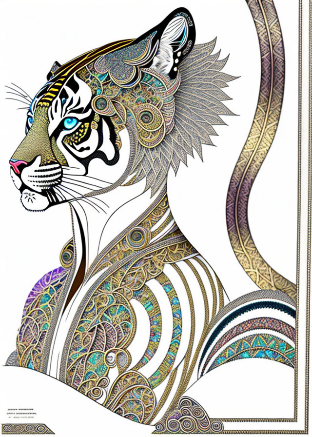 Detailed Tiger Illustration with Gold, Black, and Multicolored Patterns